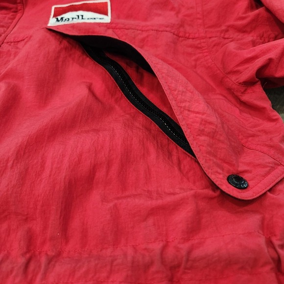 VTG 90s Marlboro Red Country Store Red Down Jacket Coat Logo Patch Size Medium - Picture 6 of 16